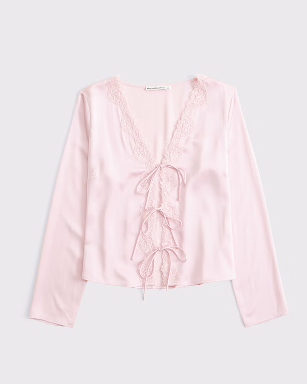 Long-Sleeve Lace-Trim Tie-Front Top | Abercrombie & Fitch (US)