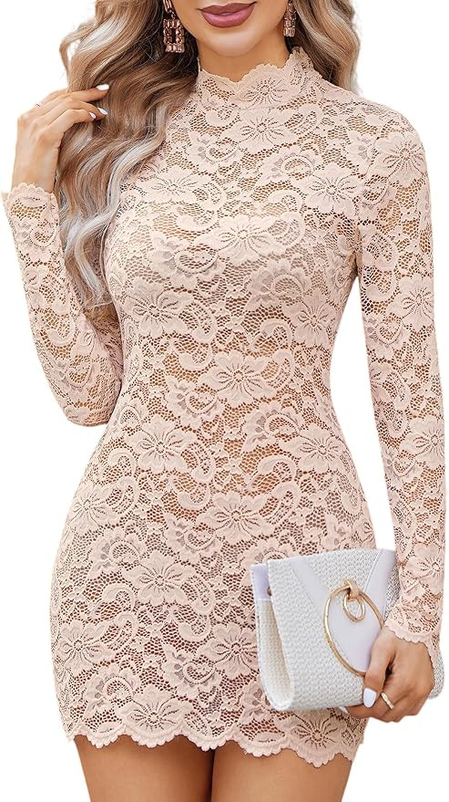 Avidlove Womens Sheer Lace Dress Sexy Long Sleeve Dress See Through Lingerie Short Mini Dresses f... | Amazon (US)
