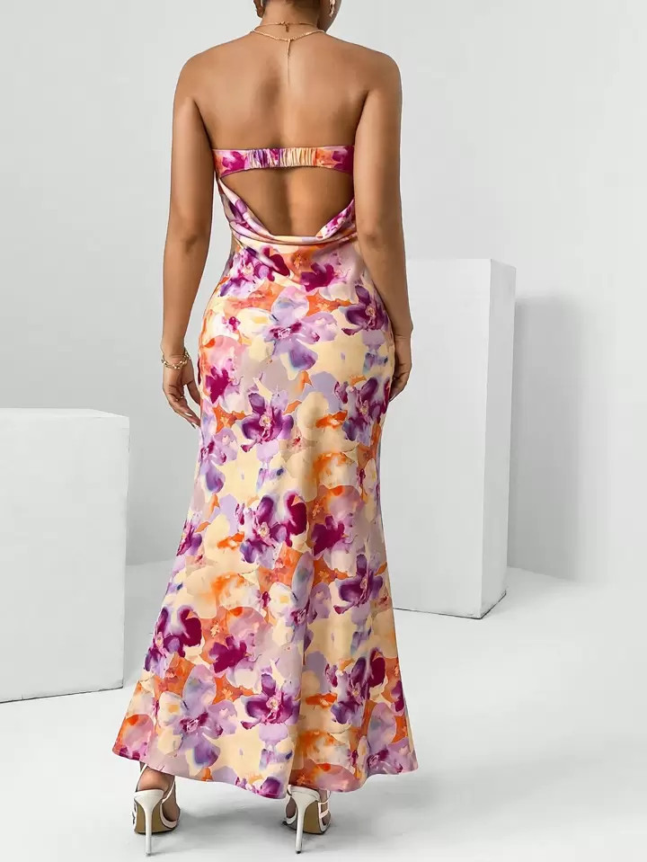 Firerie Spring Break Floral Print Draped Backless Tube Long Summer Dress | SHEIN