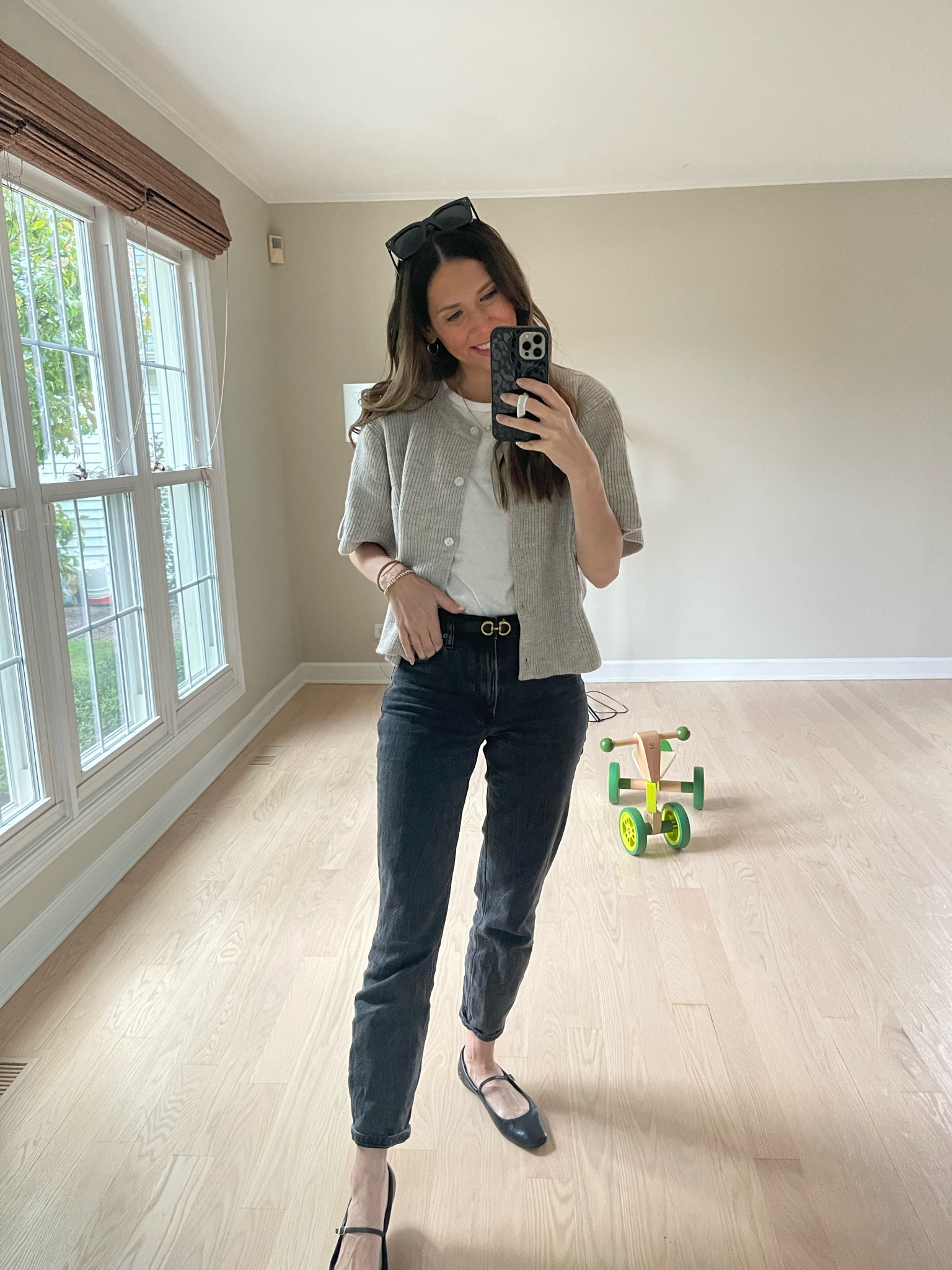 Fall outfit / black jeans and white tee on sale with code AFLTK / gray sweater cardigan and belt #LTKFallSale office outfit 

#LTKxPrimeDay #LTKWorkwear #LTKSaleAlert