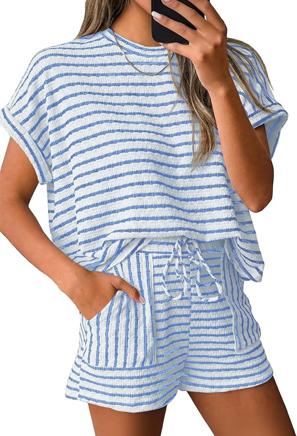 Tankaneo Womens Striped Summer 2 Piece Short Sets Short Sleeve T Shirts Drawstring Shorts Casual ... | Amazon (US)