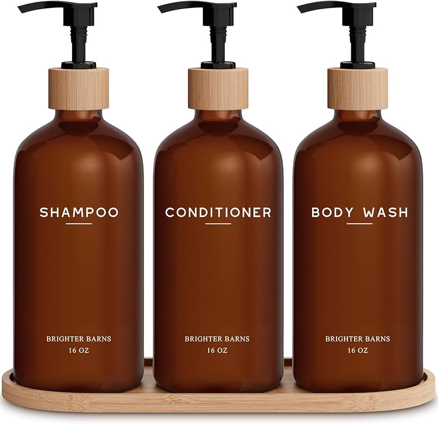 Amber Shampoo and Conditioner Dispenser Set by Brighter Barns - Refillable Plastic Shower Dispens... | Amazon (US)