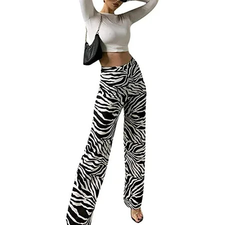 Women s Y2K Sexy Zebra Print Fashion Pants Elastic Harajuku High Waist Slit Hem Casual Wide Leg Trou | Walmart (US)