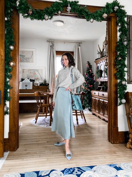 Satin skirt for winter!
Linked similar sweaters. 
Wearing size S/M skirt, took 1” in at waist for the perfect fit, order 1 size down from your usual size. 
Petite outfit. Classic outfit. Holiday outfit  

#LTKHoliday #LTKstyletip #LTKunder50