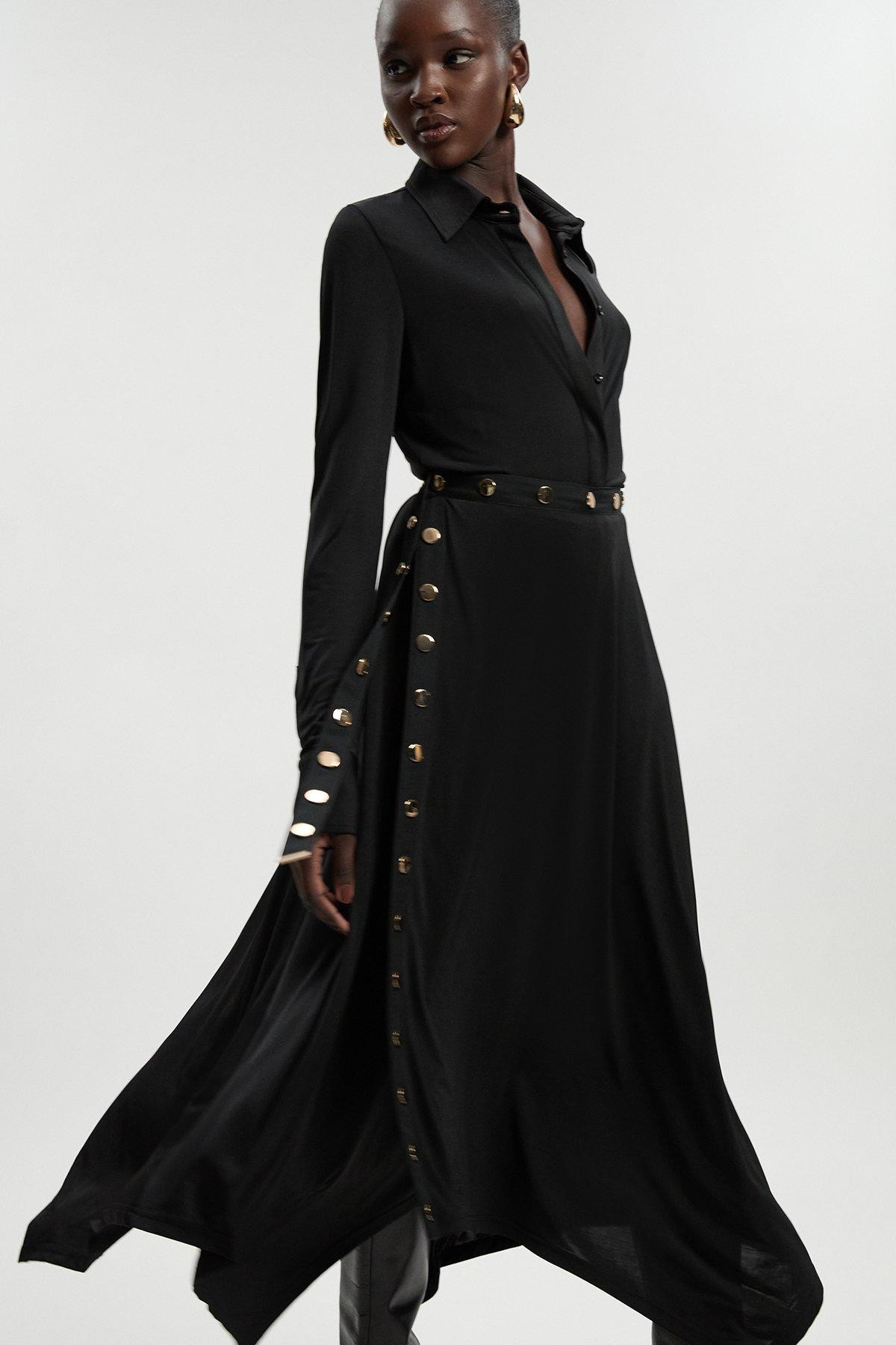 Drapey Crepe Hanky Hem Eyelet Detail Maxi Skirt | Karen Millen UK + IE + DE + NL