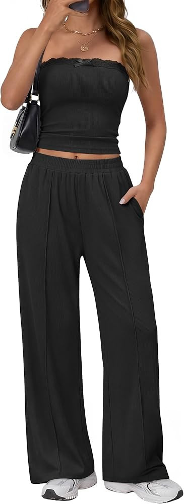 ZESICA Women's 2026 Summer 2 Piece Vacation Outfits Strapless Crop Tube Tops and Wide Leg Pants T... | Amazon (US)