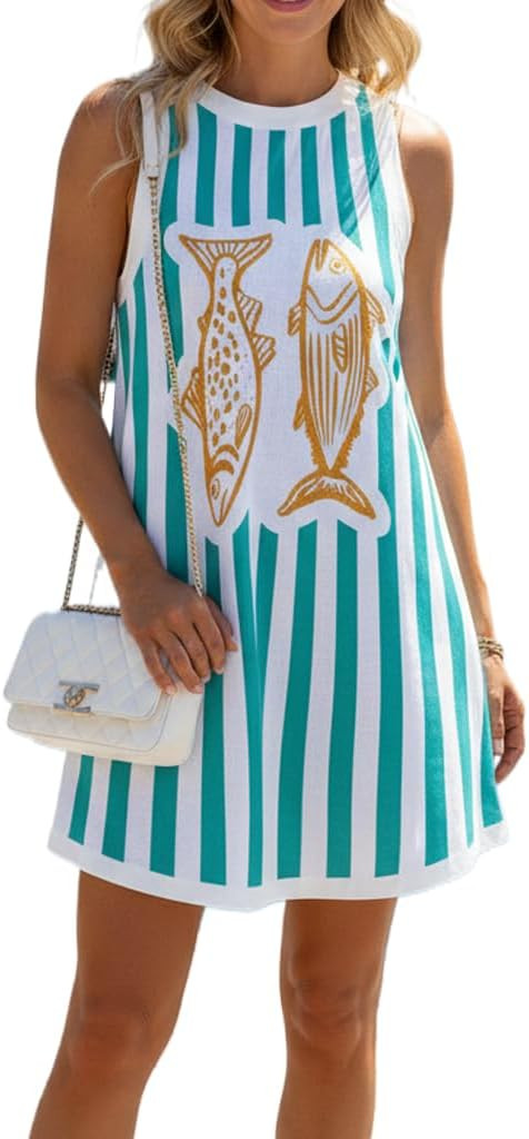 Women's Coastal Fish Print Linen Mini Dress Sleeveless Round Neck A Line Summer Beach Vacation Su... | Amazon (US)