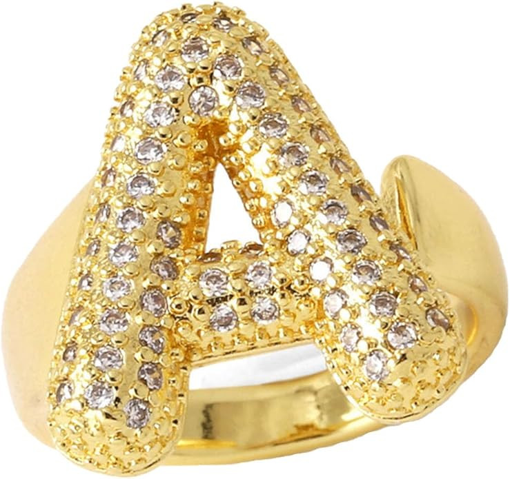 Initial Rings for Women, Bubble Letter Initial Balloon Ring Adjustable Charm Rings Open 14K Chunk... | Amazon (US)