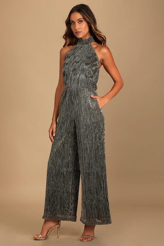 Elegant Dazzle Metallic Gold Halter Wide-Leg Jumpsuit | Lulus (US)