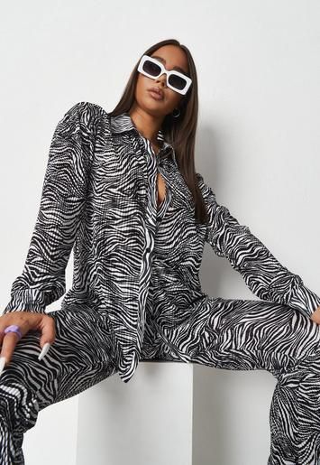 Black Co Ord Zebra Print Plisse Oversized Shirt | Missguided (US & CA)