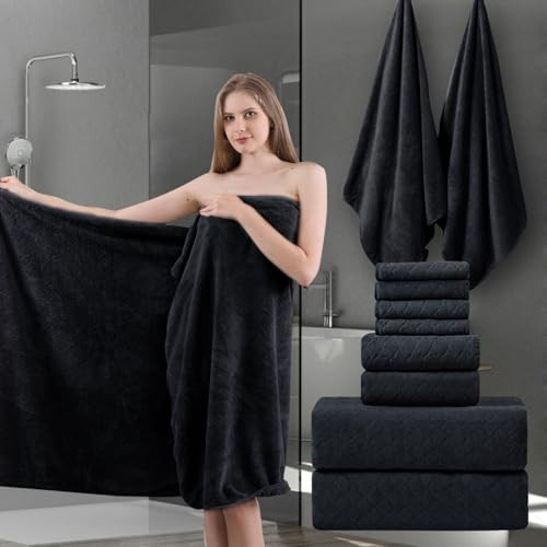8-Piece Black Bath Towels Set,2 Oversized Large Bath Towels Sheet,2 Hand Towels and 4 Washcloths - 600 GSM Soft Luxury Towel Set,Highly Absorbent Quick Dry Towel Collection for Bathroom,Hotel and Spa | Amazon (US)