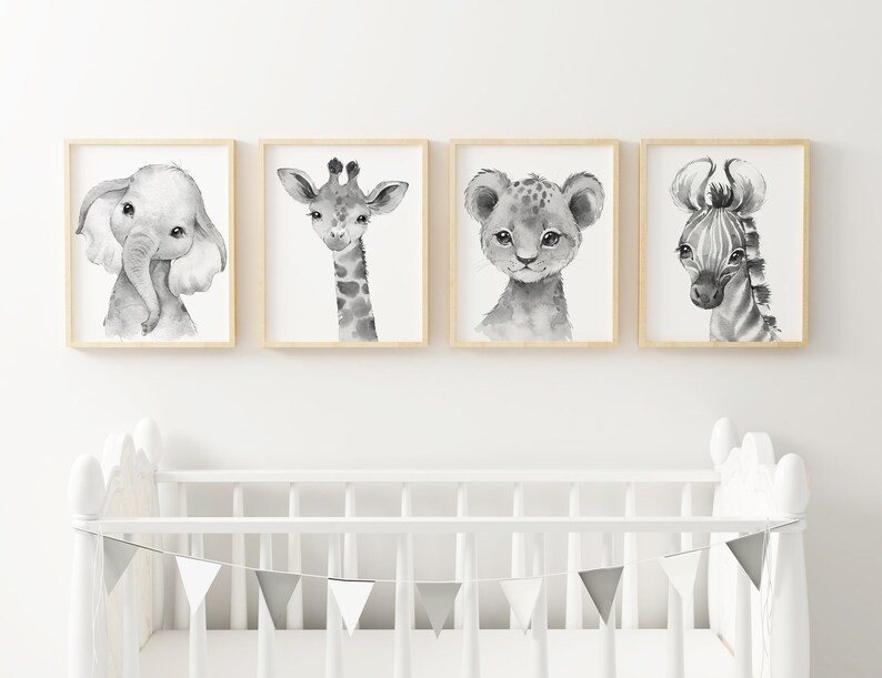 Baby Elephant, Giraffe, Lion and Zebra, Safari Animals in Black & White, Set of 4 Digital Prints,... | Etsy (US)