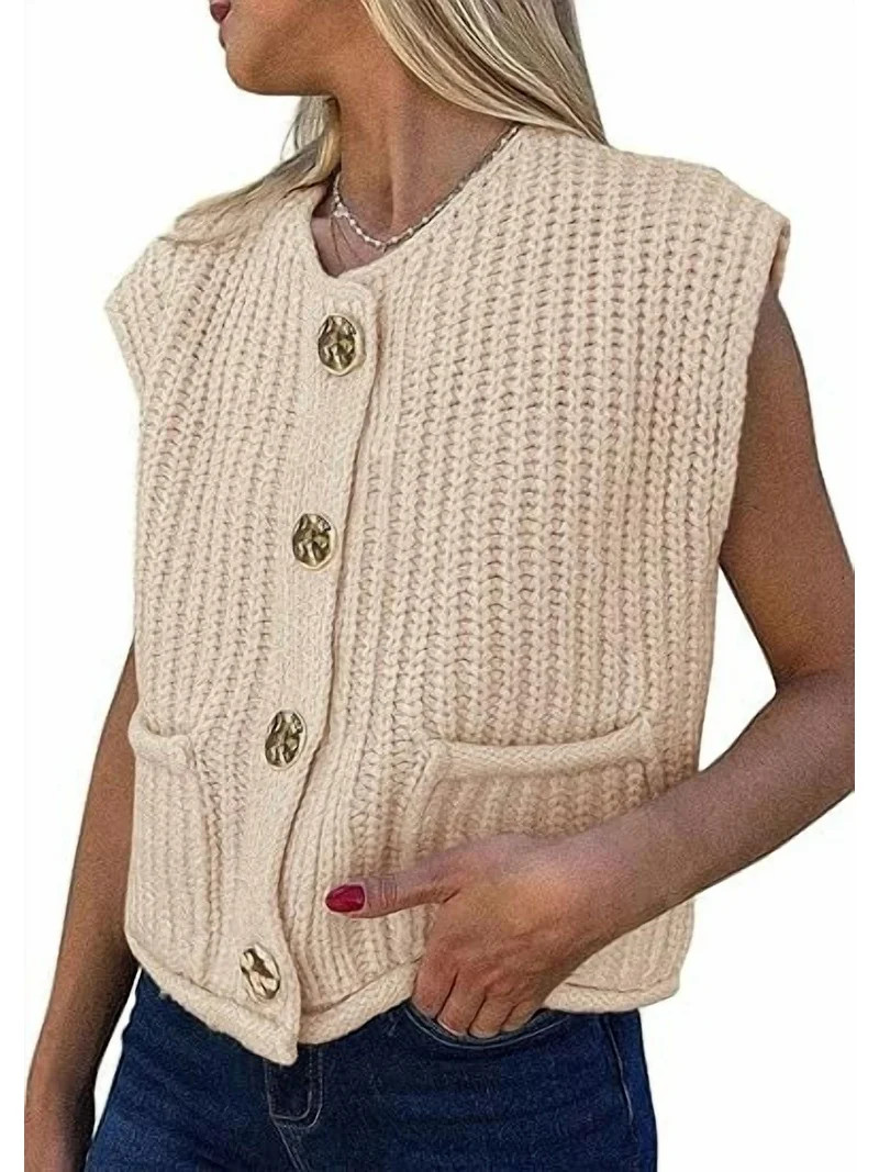 PRETTYGARDEN Women's Summer Sweaters Vest Sleeveless Button Down Cropped Pockets Chunky Knit Card... | Walmart (US)