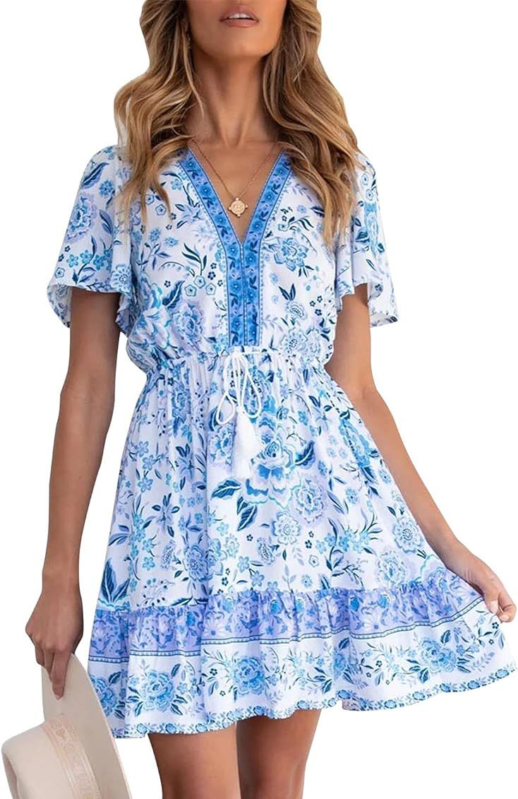 LEANI Women’s Summer V Neck Bohemian Floral Print Mini Dress Short Sleeve Ruffle Beach Short Dress | Amazon (US)