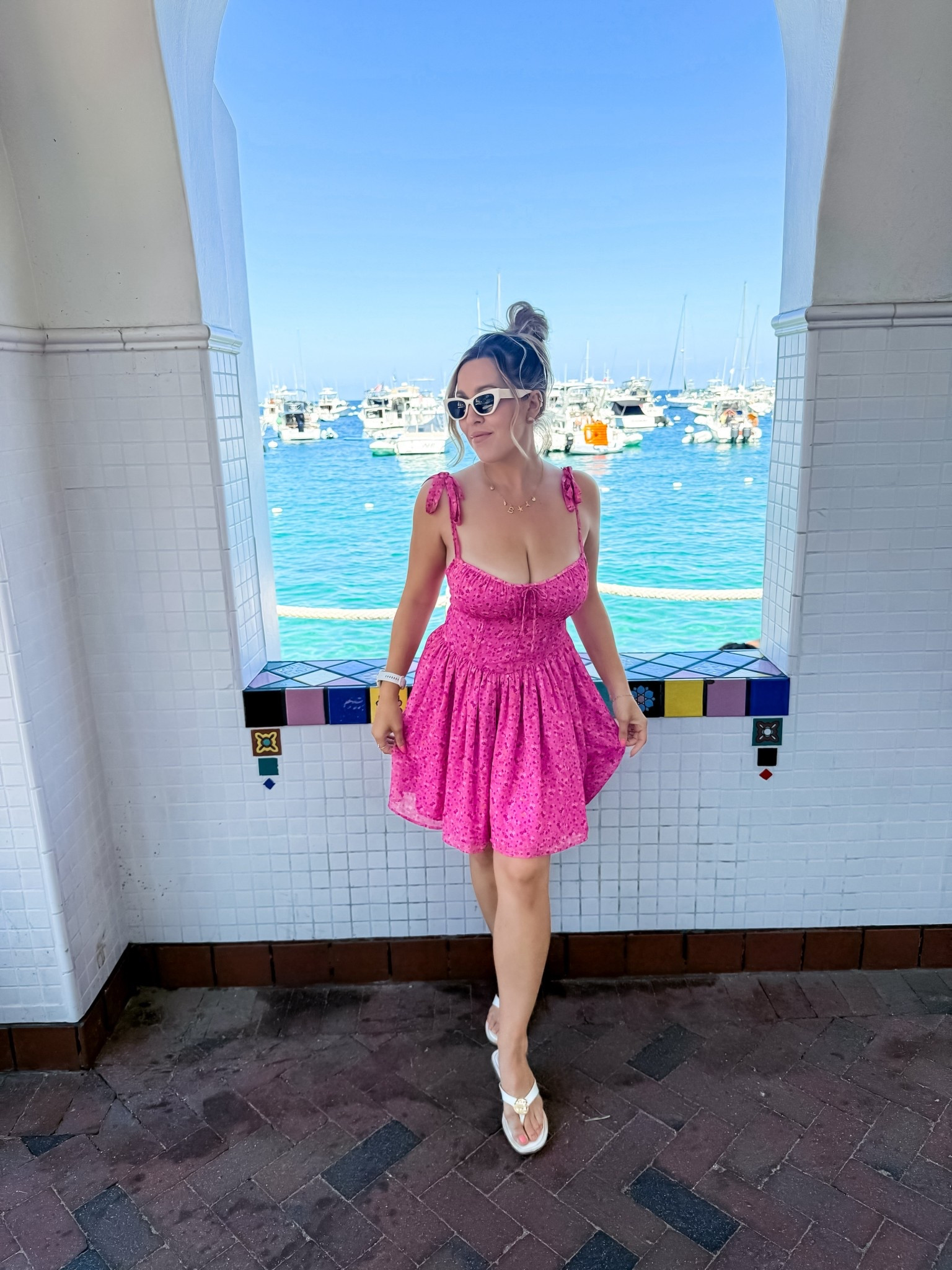 Pink floral mini sundress 
Catalina island outfit
White sandals
Charm necklace 
Summer fashion
Summer pink outfit inspo

#LTKStyleTip #LTKSeasonal #LTKTravel