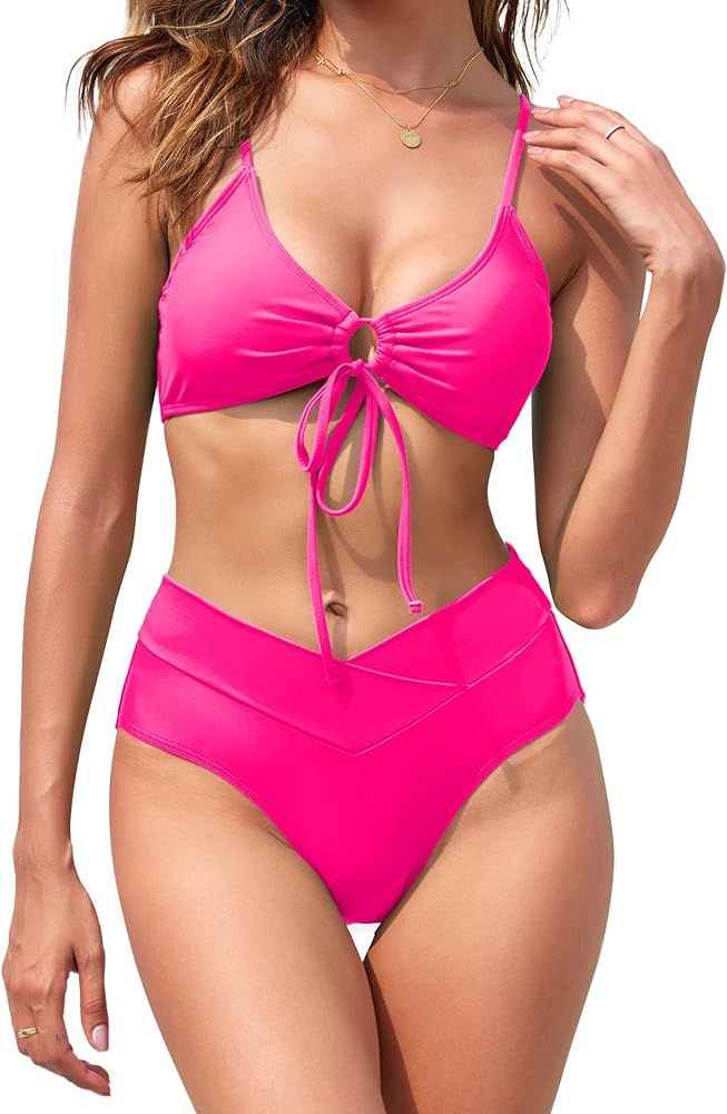 DaiLiWei High Waisted 2 Piece Swimsuits for Women High Cut Full Coverage Bikini Sets Bottoms Tria... | Amazon (US)