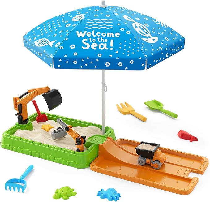 Sandbox with Lid, Dirt Digger Excavator Sand Box with Cover, Kids Sand Pit with Construction Toys... | Amazon (US)
