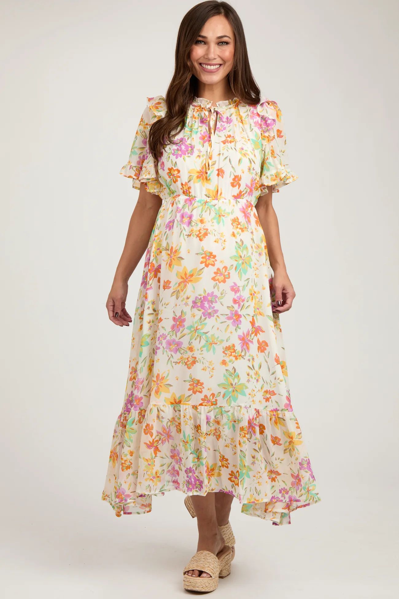 Ivory Floral Ruffle Accent Maternity Midi Dress | PinkBlush Maternity