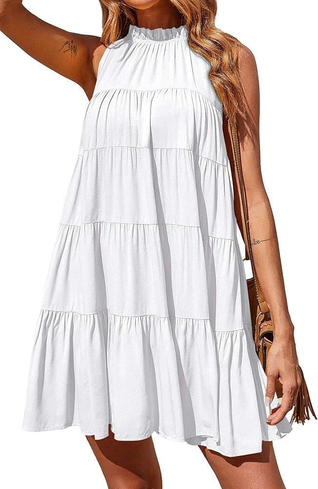 Okiwam Women Summer Casual 2023 Sleeveless Halter Dress Ruffle Flowy Boho Sun Dress Loose Swing P... | Amazon (US)