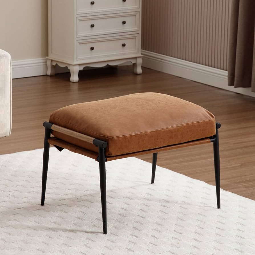 Mid-Century Ottoman, Soft PU Leather Entryway Bench Ottoman Foot Rest with Metal Legs Single Seat... | Amazon (US)