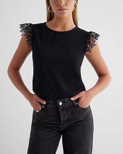 Crew Neck Lace Flutter Sleeve Tee | Express