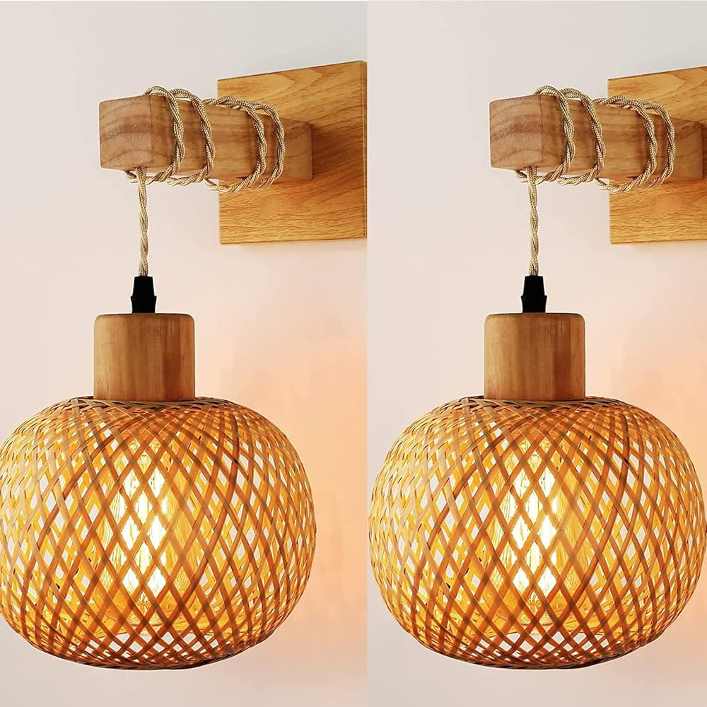 Battery operated wall sconces with remote control (No Wiring Install), Woven bamboo cage -shaped ... | Amazon (US)
