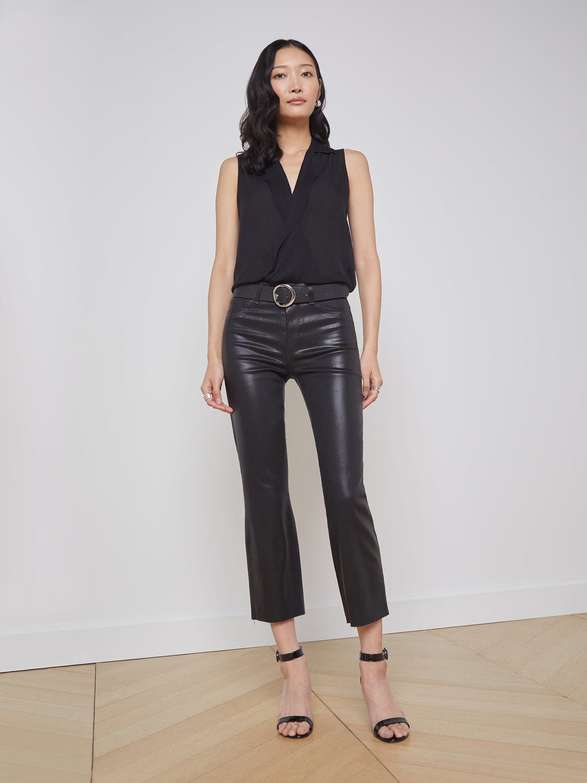 Kendra Coated Cropped Flared Crop Jean in Noir Coated | L'AGENCE | L'Agence