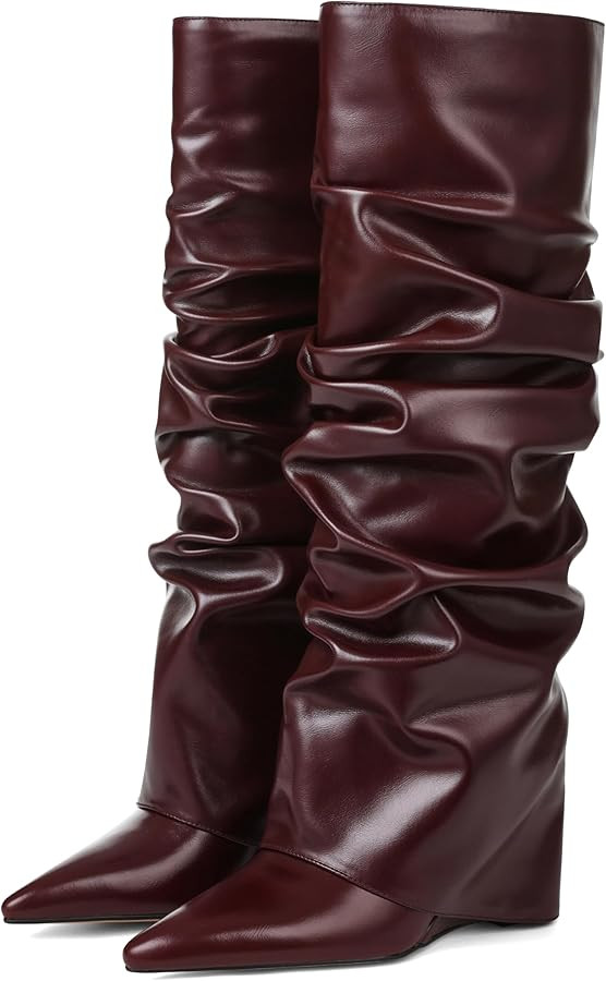 Oiamenne Women's Fold Over Boots Slouch Knee High Boots for Women Wedge Heel Pointed Toe Tall Boo... | Amazon (US)