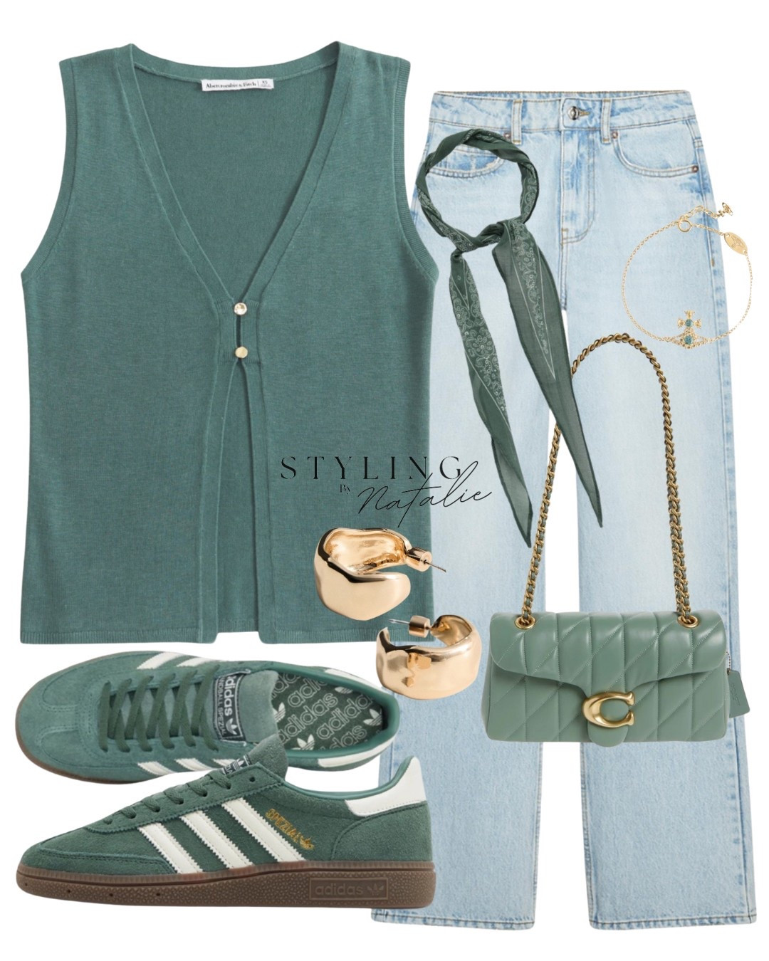 Light jeans and a green top, spring summer outfit, cut out top, high waist straight leg jeans, coach tabby bag, Adidas Spezial trainers, sneakers, zara, casual, everyday, foulard, gold earrings.

#LTKspring #LTKuk #LTKAprilSpotlight