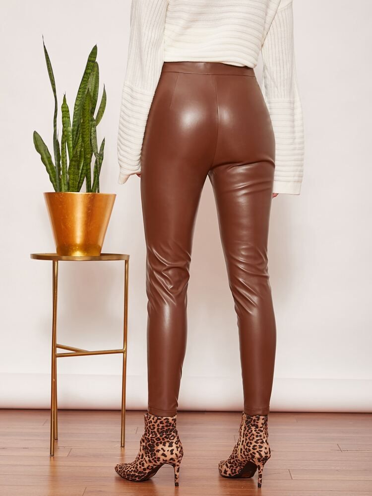 SHEIN Solid PU Leather High Waist Pants | SHEIN