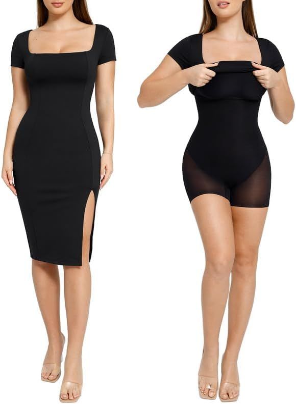 Popilush Shaper Bodycon Formal Midi Dress - Shaperwear Work Dress for Women Square Neck Short Sle... | Amazon (US)