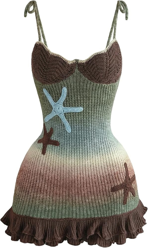 GORGLITTER Women's Crochet Mini Dresses Summer Vacation Outfits Starfish Tie Backless Layered Kni... | Amazon (US)