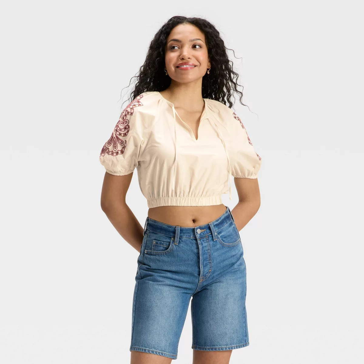 Women's Balloon Elbow Sleeve Eyelet Blouse - Universal Thread™ Cream Floral | Target