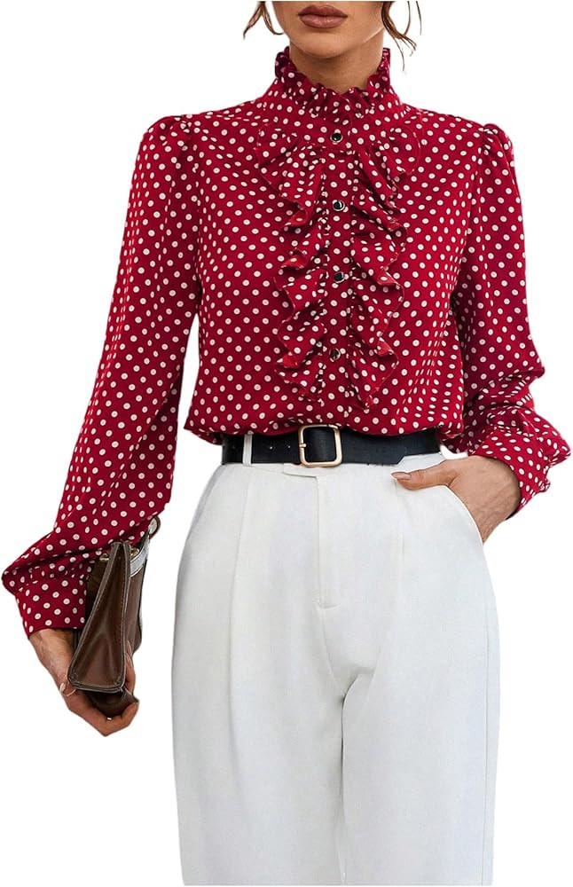 Floerns Women's Ladies Polka Dots Long Sleeve Ruffle Button Down Business Dressy Casual Office Sh... | Amazon (US)