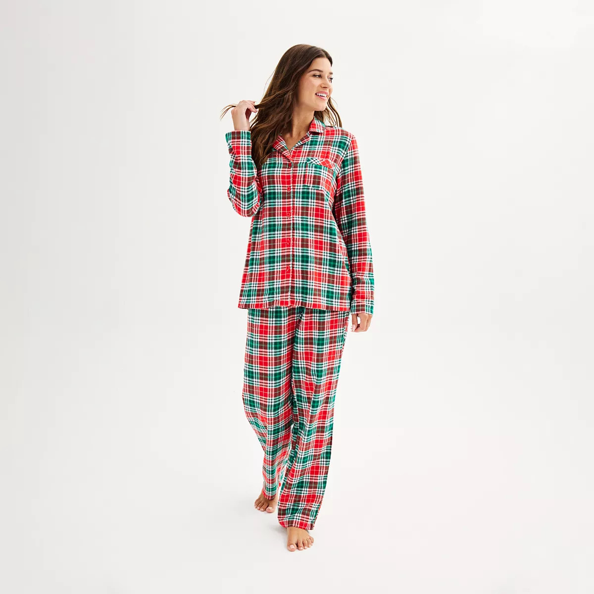 Women's Jammies For Your Families® Merry & Bright Plaid Open Hem Top & Bottom Pajama Set | Kohl's