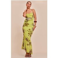 Green Floral Mesh Frill Cowl Back Maxi Dress | PrettyLittleThing US
