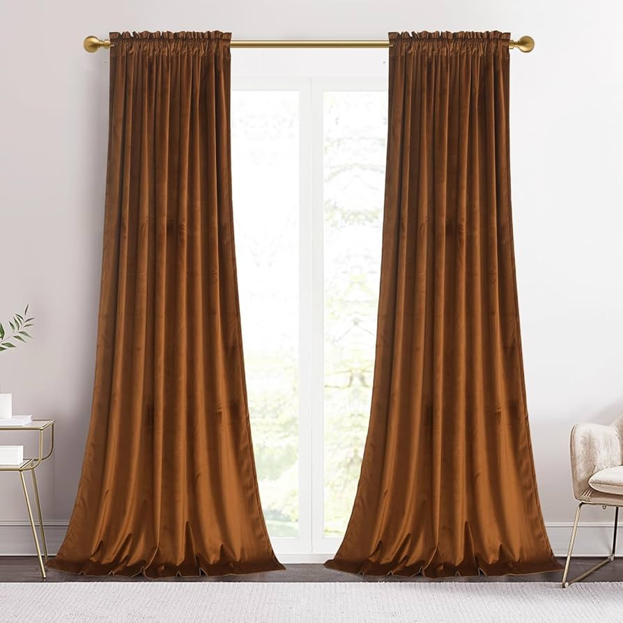 Roslynwood Luxury Soft Brown Velvet Curtains Rod Pocket Window Panels Room Darkening Curtains Ene... | Amazon (US)