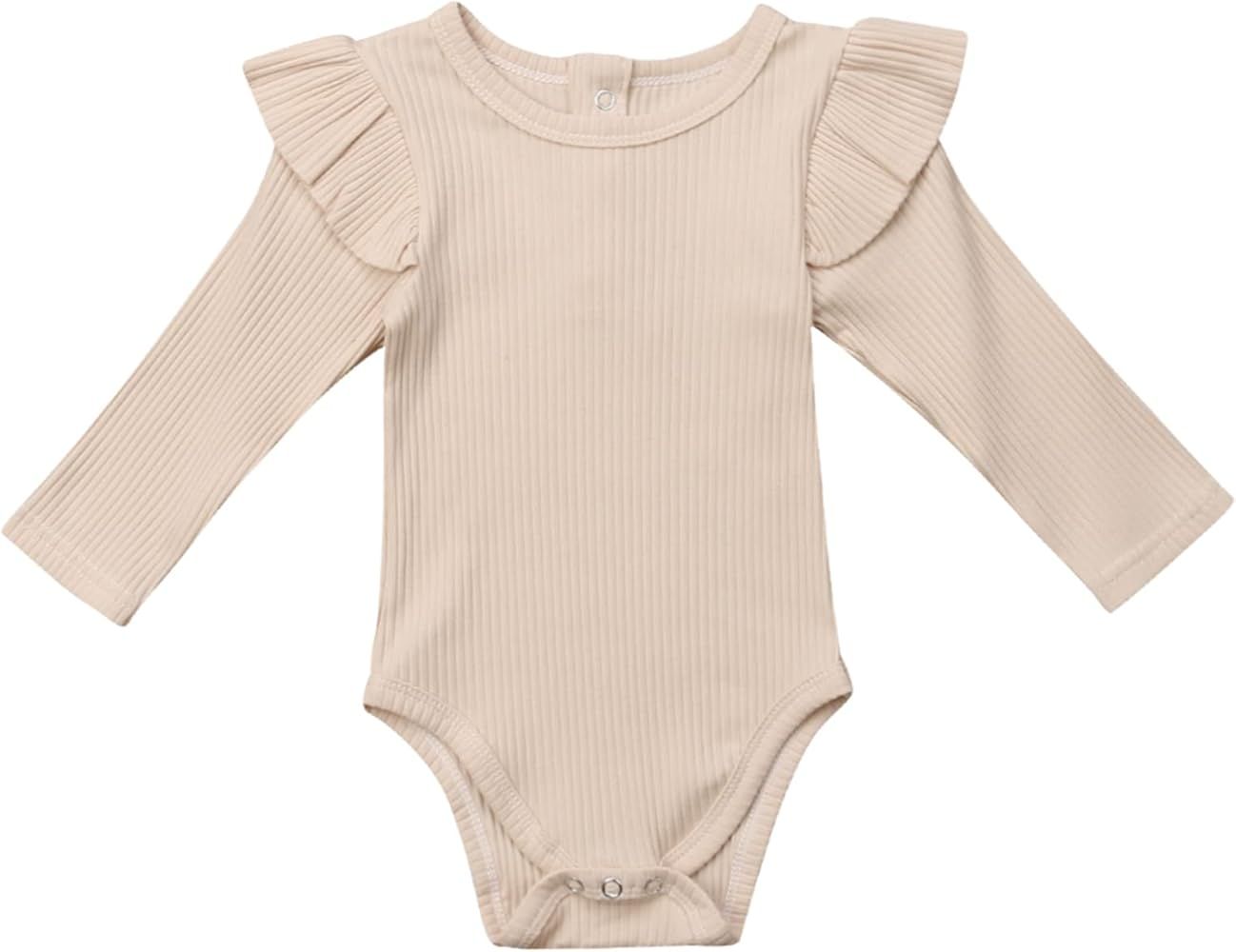 Mubineo Infant Baby Girl Basic Plain Rib Knit Ruffle Long Sleeve Romper Bodysuit Tops | Amazon (US)