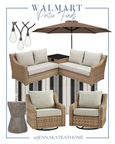 Walmart patio furniture, swivel chairs, black and white striped area rug, large umbrellas, side tables, string light and more coastal style home decor for outdoors

#LTKSeasonal #LTKHome #LTKFamily