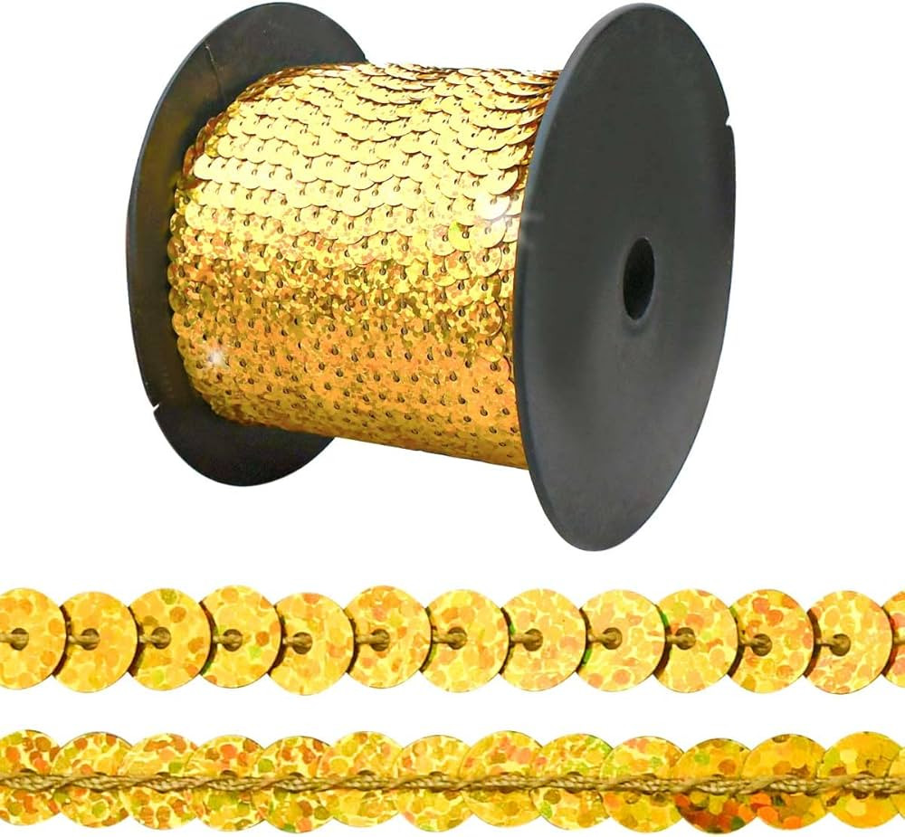 100 Yards Gold Sequin Trim 6mm Spangle Flat Sequin Strip Fabric Paillette String Holographic Sequ... | Amazon (US)