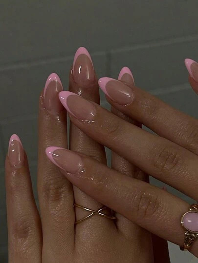 24pcs Almond Shaped French Style Pink Fashion Design Full Coverage False Nail Tips With 1pc Jelly... | SHEIN