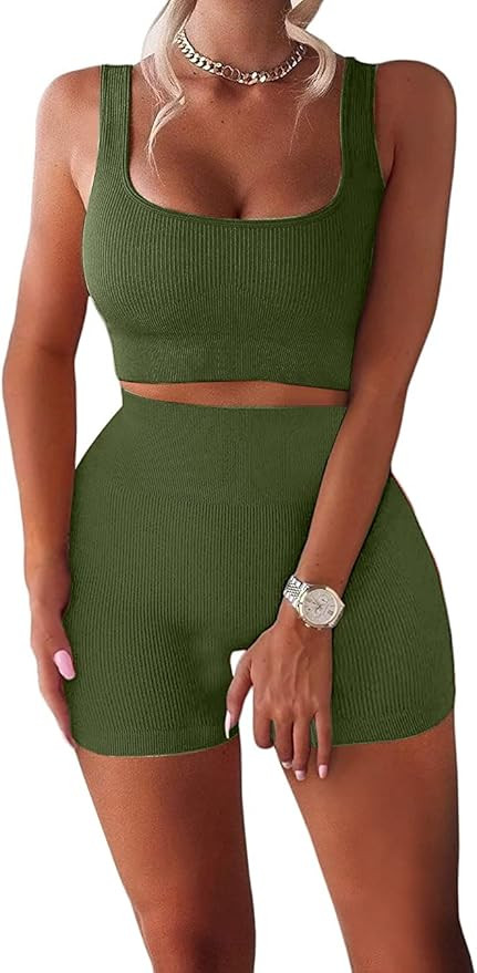 Amazon.com: TWFRHC Women's Workout Sets Ribbed Tank 2 Piece Seamless High Waist Gym Outfit Yoga S... | Amazon (US)