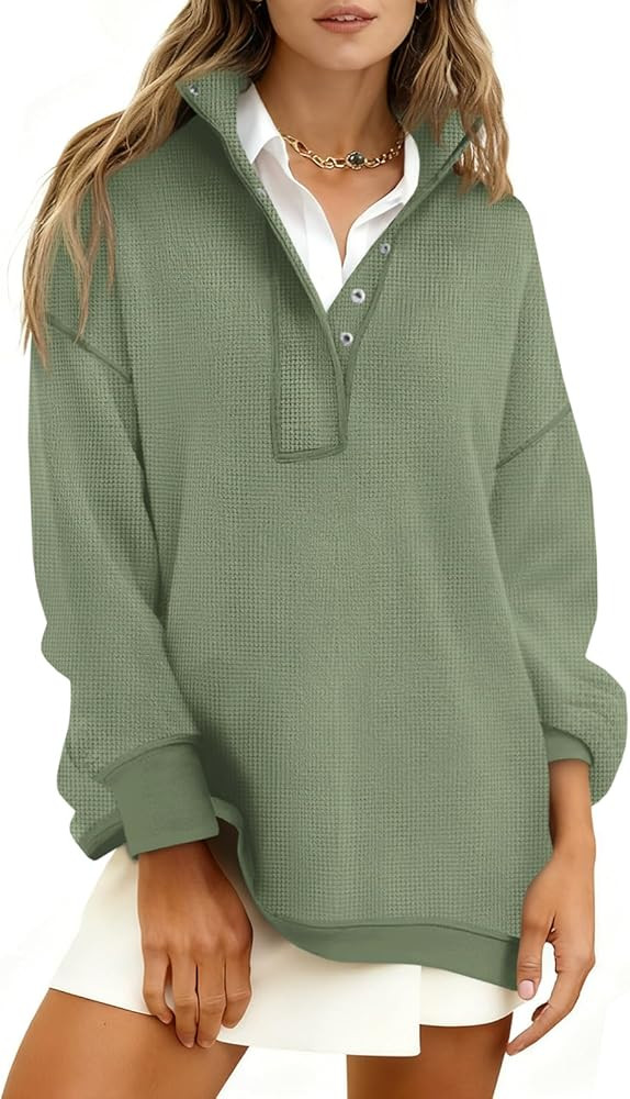 Fisoew Womens Waffle Knit Oversized Sweatshirt Casual Snap Stand Collar Long Sleeve Pullover Tops... | Amazon (US)
