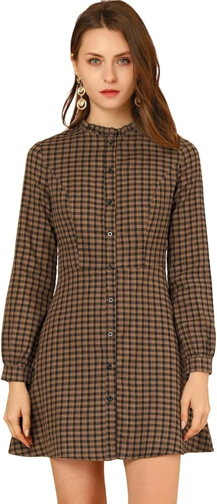 Allegra K Women's Vintage Check Ruffle Neck Button Down Long Sleeve Christmas A-Line Dress | Amazon (US)