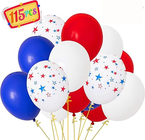 115PCS Patriotic Decorations Star Latex Balloons - Red Blue White - Fourth of July Party Supplies | Amazon (US)