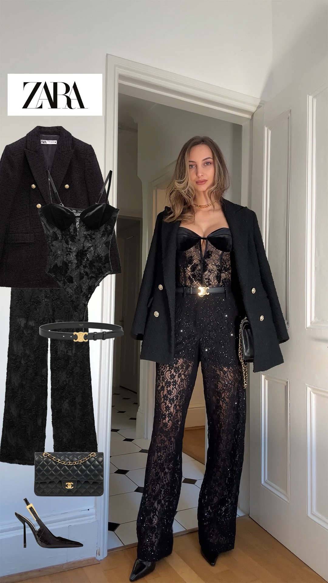 Full outfit details: 

Bodysuit: ZARA ref: 9932/579/800
Trousers: ZARA ref:  8497/751/800
Belt: Celine ref: 45AK93A01.38NO size 65
Blazer: ZARA (old / no longer on the website but I will list an alternative) 
Blazer Alternative: 8634/599/800
Heels: YSL Lee patent-leather slingback pumps
Bag: Chanel small flap classic black caviar

#LTKpartywear #LTKgrwm #LTKuk