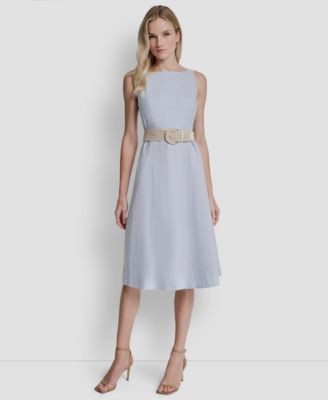 Women's Belted Fit And Flare Boat Neck Midi Dress | Macy's