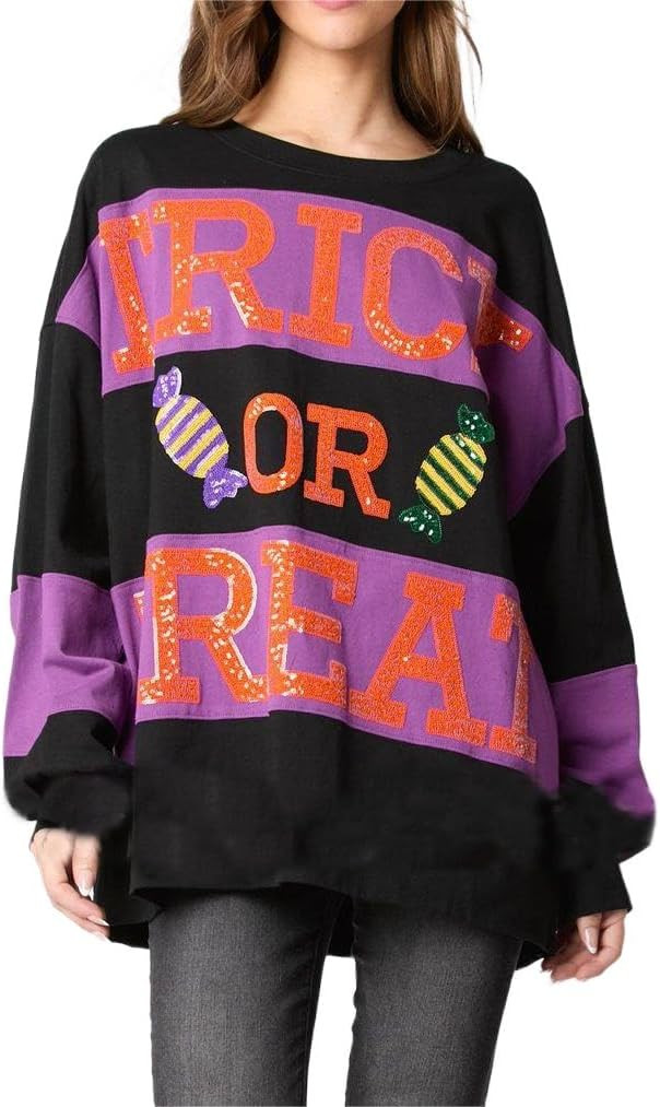Melliflo Color Block Sweatshirt for women Halloween Sequin Letter Sweatshirts Crewneck Long Sleev... | Amazon (US)