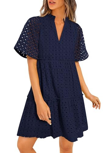 PRETTYGARDEN Eyelet Dresses for Women 2026 Summer Short Sleeve V Neck Hollow Out Ruffle A Line Boho Beach Vacation Mini Dress (Navy,Small) | Amazon (US)