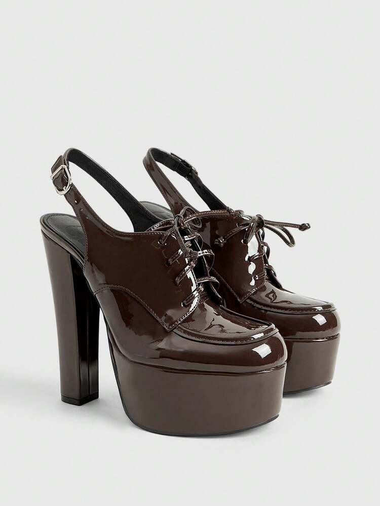 CUCCOO LuxiPop Women's Outdoor Round Toe Thick High Heel Waterproof Platform PU Leather Lace-Up Decor Fashion Comfortable Daily Party Banquet Backless Slip-On Pumps Valentine's Day | SHEIN